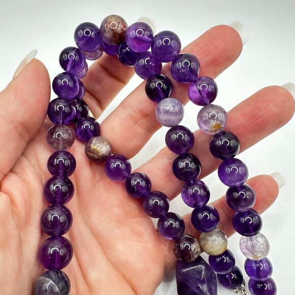 22" of ALL types of Amethyst beads, massive heart pendant necklace, 925 clasp! - Picture 5 of 15